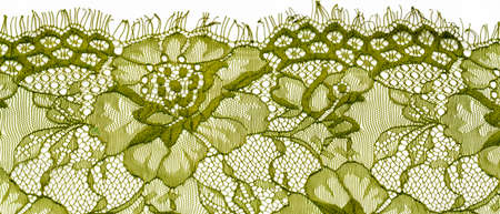 Green lace fabric on a white background. Fancy African tulle lace fabric polyester with full length flowers for your design. The texture. Background. Pattern Panoramic shotの写真素材