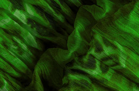 Green cloth. Silk fabric in fine organza with panther print, Crumpled texture. Background. Template.の写真素材