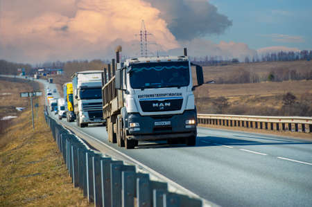 Truck cabotage, insurance, transit cargo. Commercial vehicle insurance for the owner. Cabotage is the provision of transport services between two points within a country 16 05 2012 Tatarstan Russiaのeditorial素材