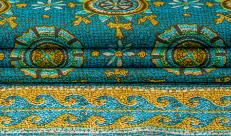 turquoise silk fabric with yellow drawings of flowers circles. Charmeuse has a beautiful drapery....