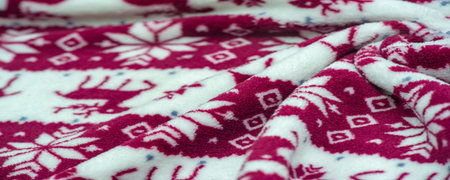 Velvet. Plush. For winter wear. Snow deer, snowflakes. Red and white tones. Silk fabric with soft,...