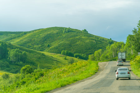 Highway paved in the mountains. Ust-Kamenogorsk, Oskemen, Ust-Kaman, Bukhtarma, Kazakhstan 18 07...