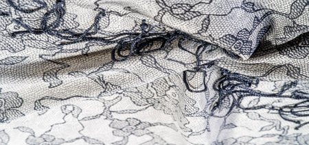 Silk fabric in black and white with lace pattern. This elastic lace trim adds softness to...