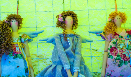 Handmade dolls, many toys in. some colored rag dolls, Cute handmade toys of glovesの写真素材