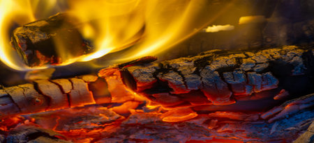 Burning firewood in the fireplace close-up. Background image