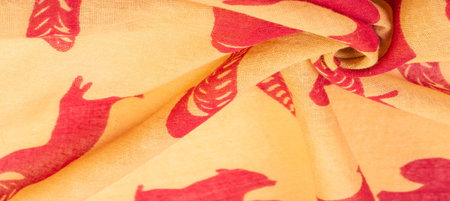 Thin red cotton fabric with squirrel, marten, sable prints. decor modern, textile art, design, texture, background, patternの写真素材
