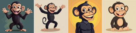 vector. Cartoon chimpanzee illustrations with humorous expressions and playful poses, ideal for animations or child-focused projects, displaying joy and fun.のイラスト素材