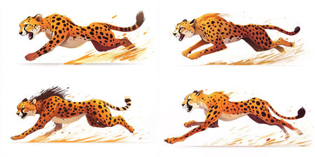Vector: Dynamic, energetic running cheetah game character, side profile illustration capturing motion and speed, vivid artistic style, perfect for animations or racing games.のイラスト素材