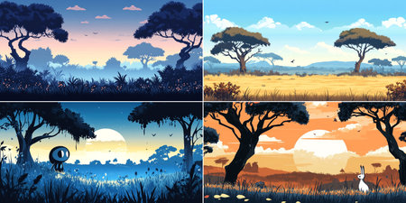 African Serengeti savanna scenes showing diverse wildlife, stunning sunrise and sunset lighting, calming scenery designed for immersive game backgrounds and digital storytelling.のイラスト素材