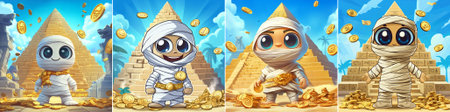 Vector: Adorable cartoon mummy character standing before ancient Egyptian pyramids, smiling, coins floating around, playful style ideal for gaming and kids entertainment.のイラスト素材
