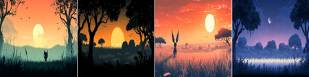 Vector: African Serengeti grasslands scenery with captivating twilight atmosphere, mysterious...