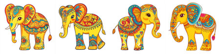 Vector Set of vibrant, playful elephants designed with Indian mandala motifs and decorative ornaments, bright yellows and reds, heart shapes, whimsical cartoon style.のイラスト素材