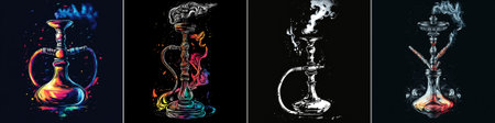 Vector. Artistic hookah illustrations, vibrant colors, stylized smoke swirls, detailed shading, exotic and ornate design, dark dramatic background, modern decorative style, atmospheric visuals.のイラスト素材