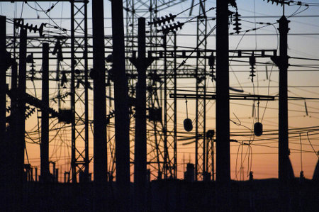 Sun-kissed circuitry: At this golden hour, the electrifying network of poles and wires basks in the...