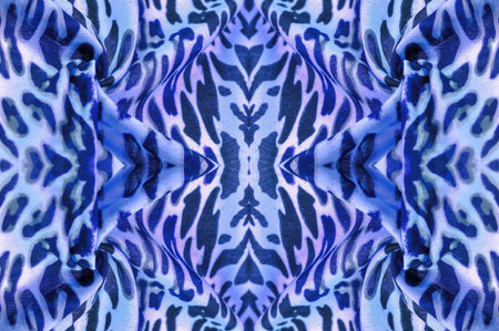 seamless kaleidoscope, blue silk fabric, leopard print, animal skin, African theme. texture background, patternの写真素材