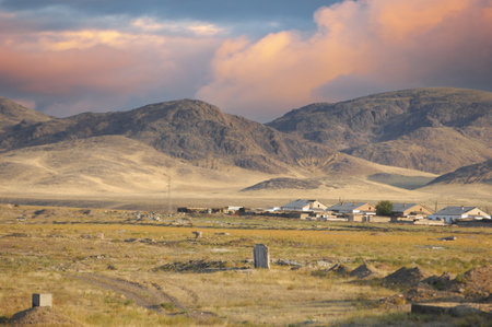 Steppe, prairie, plain, Let the nature's beauty take your breath away! As the sun delicately sets over the prairie, embrace the tranquility and soak in the sheer magnificence of this ethereal momentの写真素材