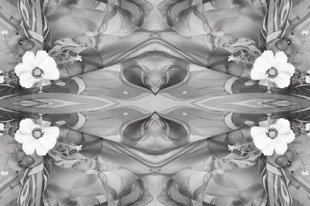 seamless. the black and white colors of the fabric are inlaid with flora and fauna.