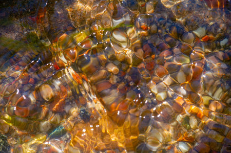 Immerse yourself in untouched nature and connect with nature. Feel the soothing sounds of a mountain stream. Appreciate the beauty of each stone and the play of light on the water.の写真素材