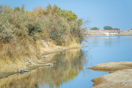 River in the steppe. Prairies. Enjoying the fresh autumn breeze by the river in the steppe! Nature Loversの写真素材