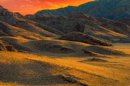 Enjoy the breathtaking beauty of a Central Asian sunset over the cliffs and river steppe. Connect with nature in a unique and serene setting. Explore the region's diverse landscapes and wildlife,の写真素材