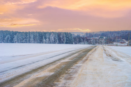 A beautiful and serene winter scene captures a magical moment of frost at sunset. The trees are shimmering in frost, creating a stunning visual image.の写真素材