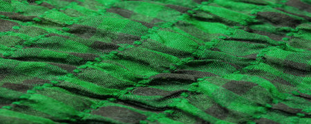 Texture, background, pattern. A woolen scarf to be worn around a person's neck. Green and black color on a scarfの写真素材