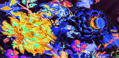 Seamless texture, bright large flowers, mostly encased in black outlines, dotted with black seed-like dots floating across the blackness of the night.の写真素材