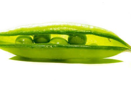 Aesthetic and visually appealing image with green peas on a white background Ideal for use in food design or advertising High quality and detailed photograph of fresh bright peasの写真素材
