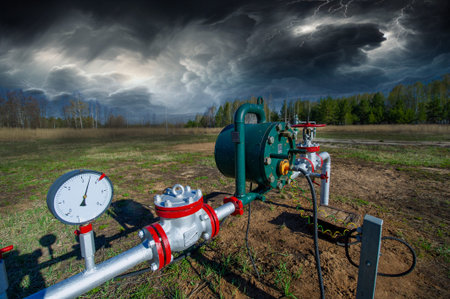 A visually captivating piece of art featuring a unique depiction of a pumping machine. Thunderclouds...