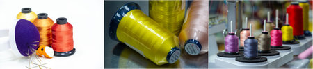 Sewing threads in different colors on a white background. Selective focus.