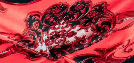 Red silk fabric with a gothic pattern. rich silk gothic prints in rich black and gold hues. This set is also suitable for a romantic boudoir.の写真素材