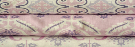 Mix fabrics. Shop counter. Many fabrics of different types. View from above. Printed, cotton, mixed...