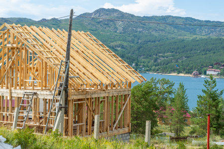 Create your dream home in a picturesque mountainous area. Construction using high quality materials and craftsmanship. Take advantage of stunning views and natural surroundings.の写真素材