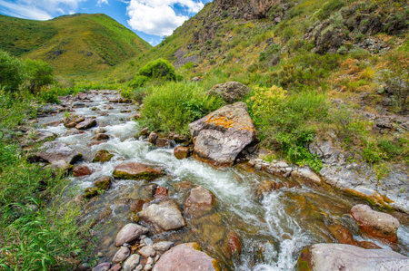 Enjoy the serene beauty of nature. See how the river gracefully flows through the rocky canyon. Feel the calm and tranquility of the mountains.の写真素材