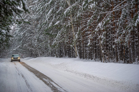 Experience the beauty of a winter wonderland in a snow-covered forest Drive along a scenic road...