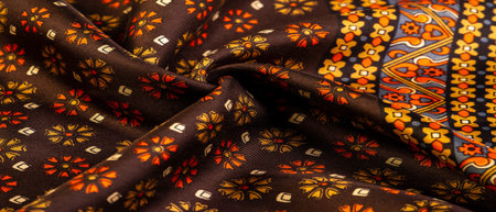 silk fabric of brown color with red and yellow colors, dense fabric, double-sided based on triacetate fibers. Background, Pattern Decorの写真素材