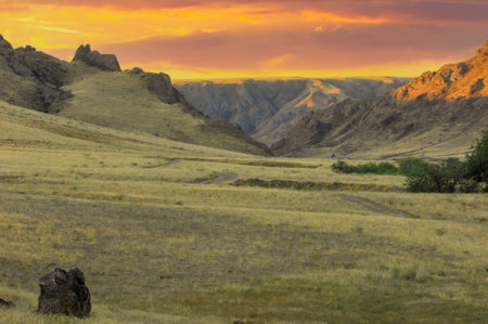 Enjoy the breathtaking beauty of jagged rocks and flowing rivers. Watch in awe as the golden hues of the sunset color the landscape. Explore the mesmerizing steppe filled with natural wondersの写真素材