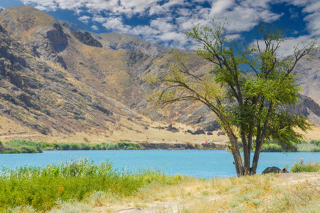 Enjoy the serene and breathtaking views of nature. Watch the sunset over the river. Creating a picturesque scene. Enjoy the tranquility of the mountains and trees surrounding the flowing river.の写真素材