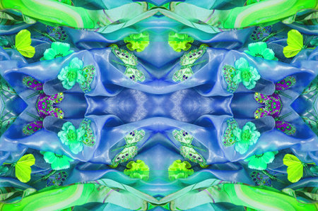 seamless. The blue-green colors of the fabric are inlaid with flora and fauna.の写真素材