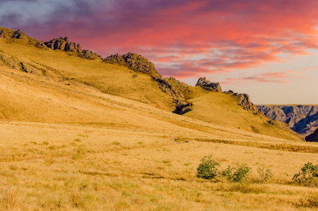 Explore the majestic beauty of the summer steppe. Feel the tranquility of the mighty river flowing from the mountains. Discover hidden treasures on its shores. Embark on a journey full of adventureの写真素材
