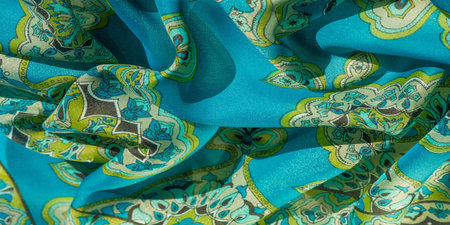 multicolored silk fabric with a pattern of patterns on a green background, royal pattern. Versailles...
