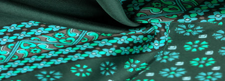 silk fabric green, with green and birch flowers, dense fabric, double-sided based on triacetate...