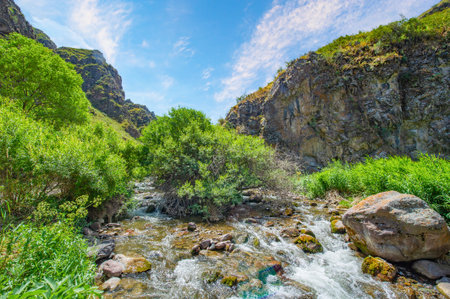 Enjoy the spectacular natural beauty of the river flowing through the rocky canyon. Stunning views of the mountains and nature in all its glory. Peaceful and serene holiday in the heart of wild natureの写真素材