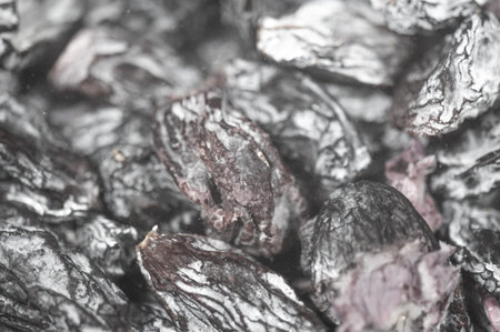 Feel the natural sweetness of black raisins. Rich texture and flavor options suitable for baking or snacking. The close-up image brings out the flavor of the black raisins.の写真素材