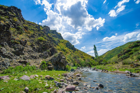 Enjoy the serene beauty of nature's masterpiece. See how the river meanders through the majestic mountains. Listen to the soothing sound of water cascading over rocks.の写真素材