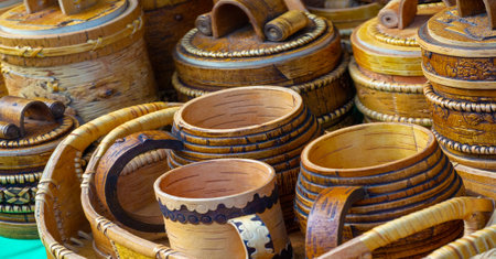 Texture, background, pattern, folk art. Birch bark is an environmentally friendly, soft material that is easy to process. All products from birch bark are made manually.の写真素材