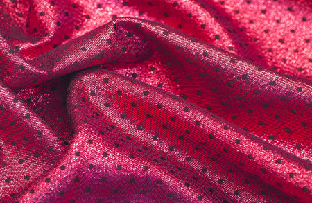 Fabric with a metallic sheen in small polka dots. Red burgundy.の写真素材