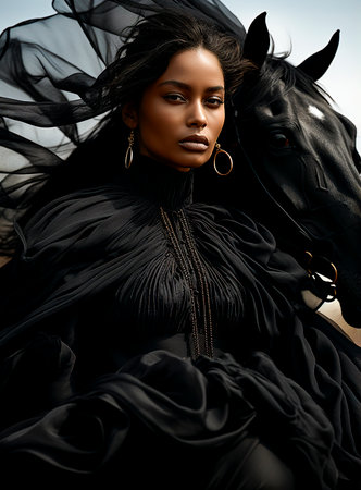 Embark on an Adventure: Join us on a visual journey as this fearless woman takes the reins, depicting the fearless spirit of exploring Africa on horseback.の素材