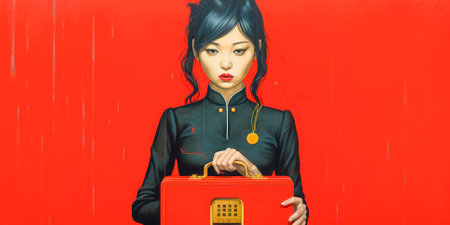 Red suitcase, endless possibilities! Enter a world of imagination and discovery with this enchanting illustration of a girl and her unique red suitcase.の素材