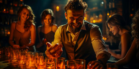 At our cocktail bar, we believe in the power of laughter to turn an evening into an unforgettable experience! Join us as we experience the contagious joy that this bearded, funny guy demonstrates,の素材